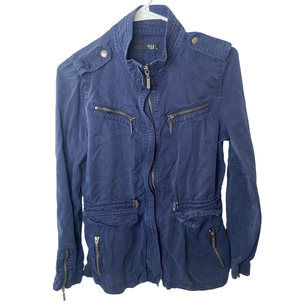MAX JEANS‎ Navy Blue Utility Jacket Long Sleeve Zip Pockets Women's XS